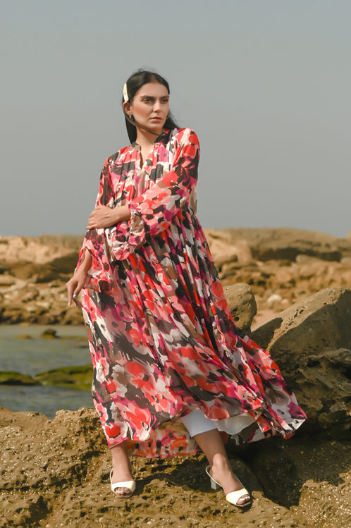 Picture of Ellena - Floral Print Chiffon Dress - Available at Raja Sahib