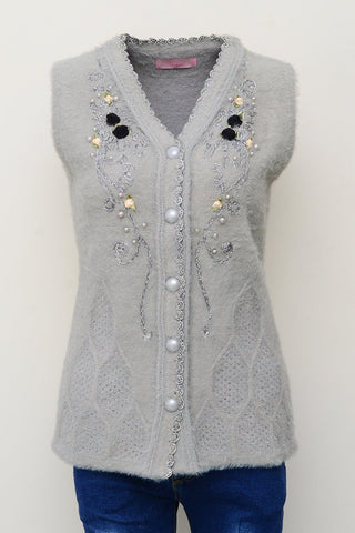 Picture of Women's V-Neck Merino Wool Blend Sleeveless Cardigan Sweater Grey - Available at Raja Sahib