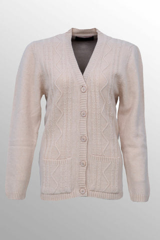 Picture of Raja Sahib - Women's V-Neck Merino Wool Blend Full Sleeves Cardigan Sweater Cream - Available at Raja Sahib