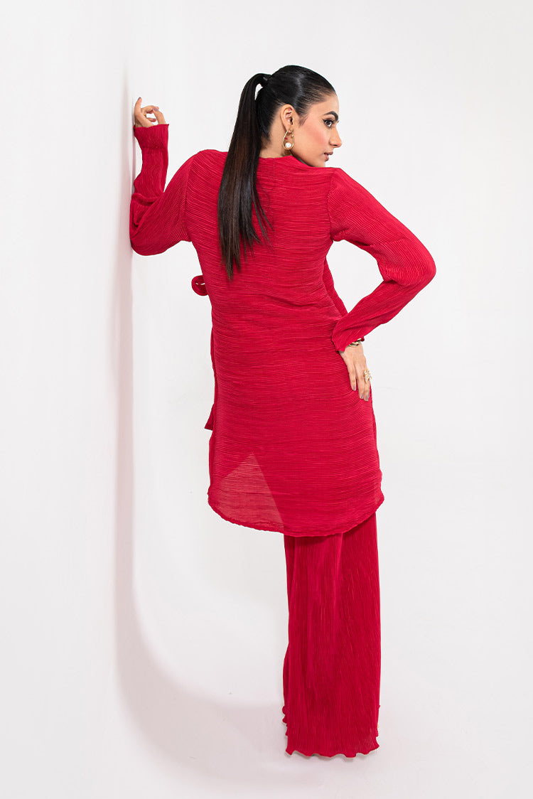 Picture of Maria Osama Khan - Claire Pleated Silk Collection - Scarlet - Available at Raja Sahib