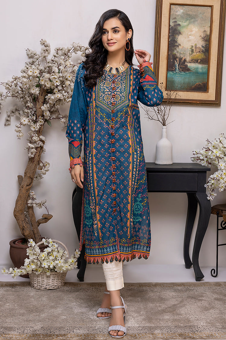 Picture of Ellena - EY-06 Peacock Blue Digital Printed Lawn Jacquard Kurti Collection Vol-1 - Available at Raja Sahib