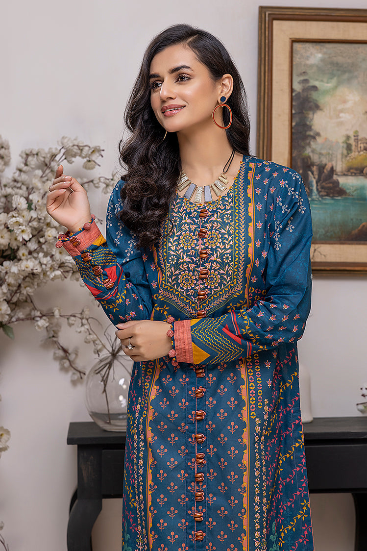 Picture of Ellena - EY-06 Peacock Blue Digital Printed Lawn Jacquard Kurti Collection Vol-1 - Available at Raja Sahib