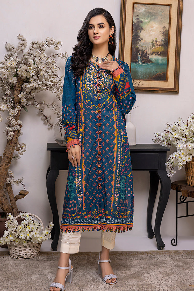 Picture of Ellena - EY-06 Peacock Blue Digital Printed Lawn Jacquard Kurti Collection Vol-1 - Available at Raja Sahib