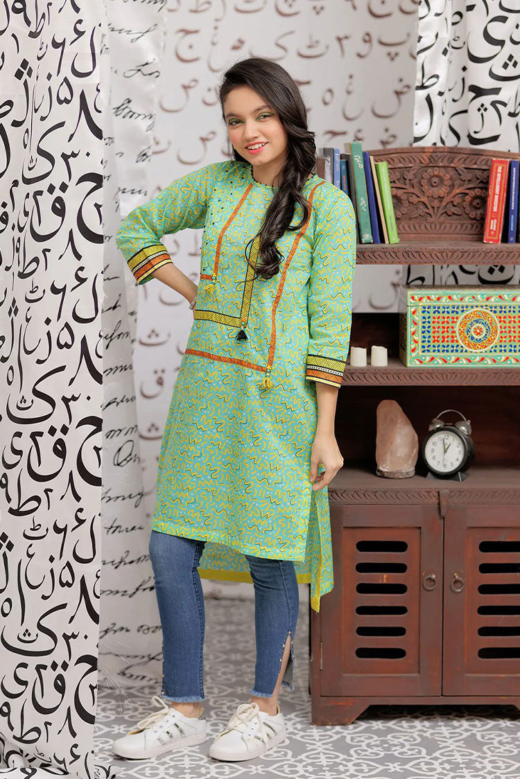 Picture of Senorita - GAA-02149 | SEA GREEN & YELLOW | CASUAL KURTA | COTTON LAWN PRINT - Available at Raja Sahib