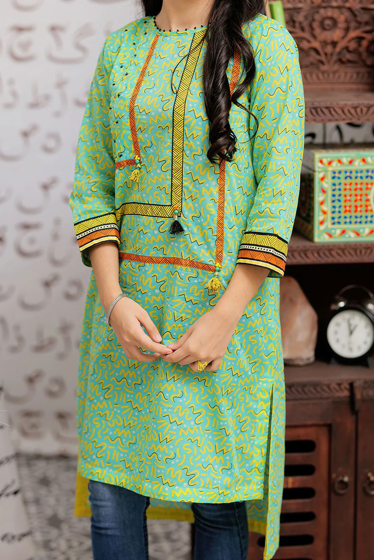 Picture of Senorita - GAA-02149 | SEA GREEN & YELLOW | CASUAL KURTA | COTTON LAWN PRINT - Available at Raja Sahib