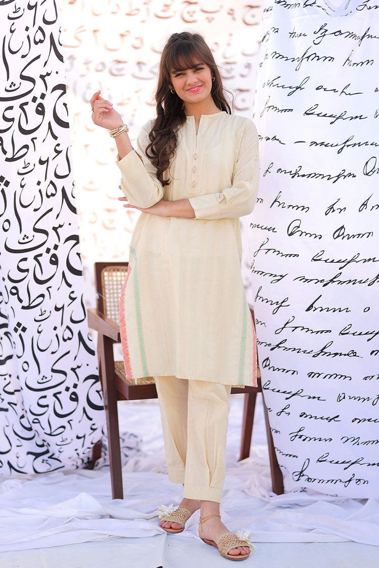 Picture of Senorita - GAC-02223 | Cream & Multicolor | Casual 2 Piece Suit  | Cotton Yarn dyed - Available at Raja Sahib