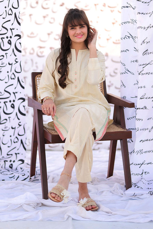 Picture of Senorita - GAC-02223 | Cream & Multicolor | Casual 2 Piece Suit  | Cotton Yarn dyed - Available at Raja Sahib