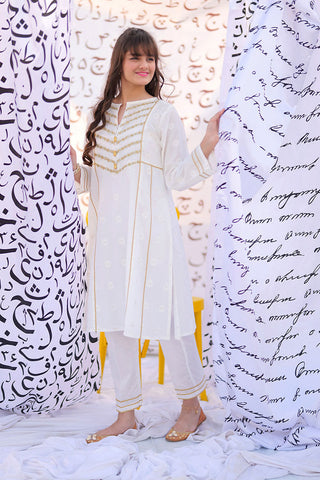 GAC-02283 | White & Gold | Casual 2 Piece Suit  | Cotton Jacquard