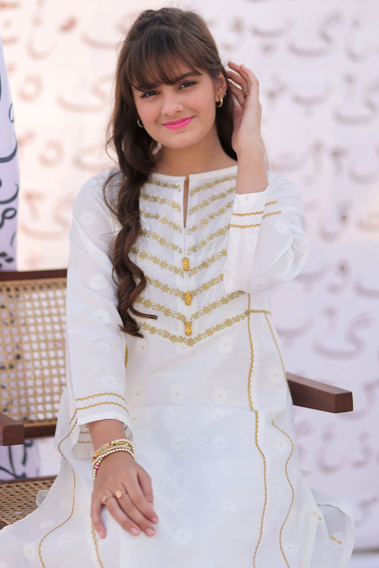 Picture of Senorita - GAC-02283 | White & Gold | Casual 2 Piece Suit  | Cotton Jacquard - Available at Raja Sahib