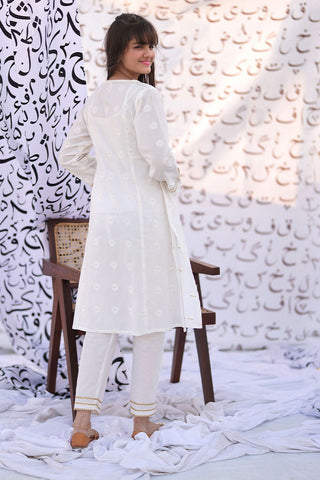 Senorita - GAC-02283 | White & Gold | Casual 2 Piece Suit  | Cotton Jacquard