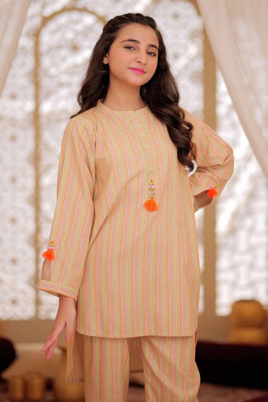 Picture of Senorita - GAC-02500 | Fawn & Multicolor  | Casual 2 Piece Suit | Karanadi Neon Dobby - Available at Raja Sahib