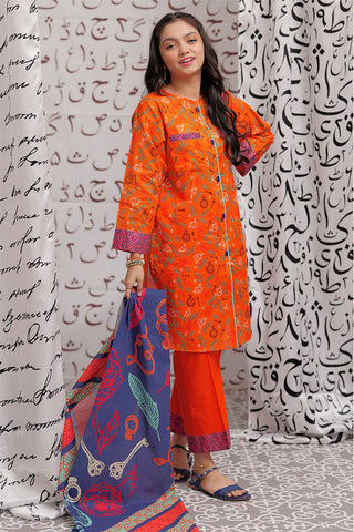 GAD-02239 | Orange & Multicolor | Casual 3 Piece Suit | Cotton Cambric Printed