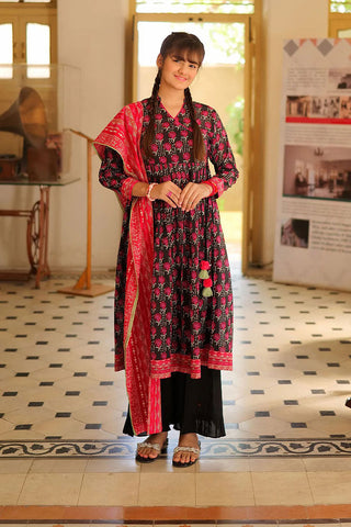 GAD-02241 | BLACK & SHOCKING PINK | CASUAL 3 PIECE SUIT | COTTON LAWN PRINT