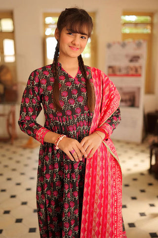 Senorita - GAD-02241 | BLACK & SHOCKING PINK | CASUAL 3 PIECE SUIT | COTTON LAWN PRINT