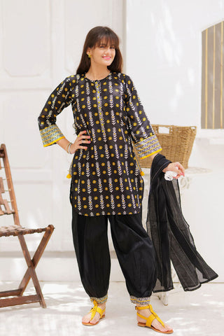 GAD-02357 | Black & Multicolor | Casual 3 Piece Suit  | Cotton Lawn Printed