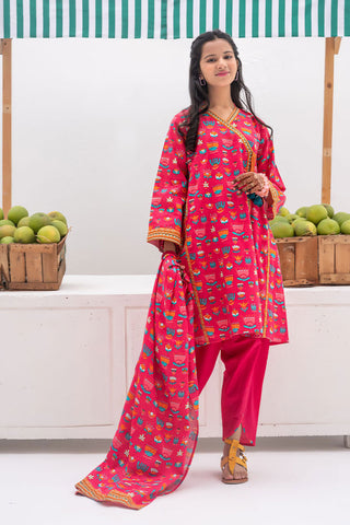 GAD-02366 | Shocking Pink & Multicolor | Casual 3 Piece Suit | Cotton Khaddar Printed