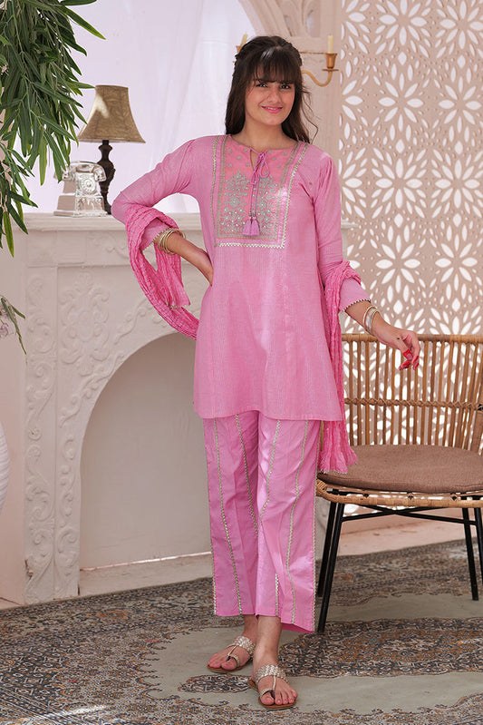 Picture of Senorita - GBD-02225 | Pink & Silver | Casual 3 Piece Suit  | Cotton Fancy Yarn - Available at Raja Sahib