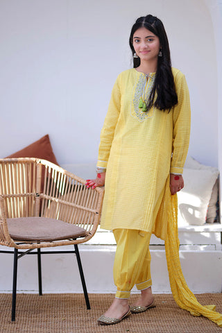 Picture of Senorita - GBD-02246 | Yellow & Silver | Casual 3 Piece Suit | Cotton Dobby Lurex - Available at Raja Sahib