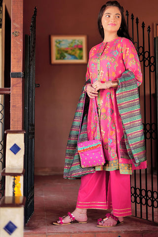 GBD-02320 | Shocking Pink & Multicolor | Casual 3 Piece Suit  | Cotton Gold Printed Lawn