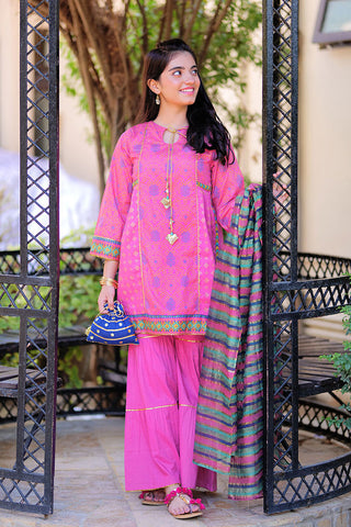 GBD-02324 | T.Pink & Multicolor | Casual 3 Piece Suit  | Cotton Gold Printed Lawn