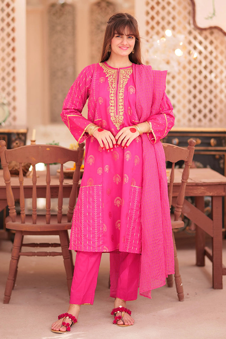 Picture of Senorita - GBD-02339 | Shocking Pink & Golden | Casual 3 Piece Suit | Cotton Jacquard - Available at Raja Sahib