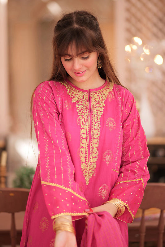 Picture of Senorita - GBD-02339 | Shocking Pink & Golden | Casual 3 Piece Suit | Cotton Jacquard - Available at Raja Sahib