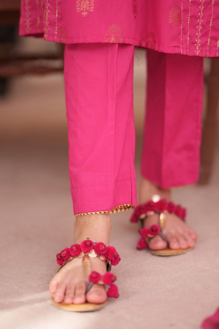 Picture of Senorita - GBD-02339 | Shocking Pink & Golden | Casual 3 Piece Suit | Cotton Jacquard - Available at Raja Sahib