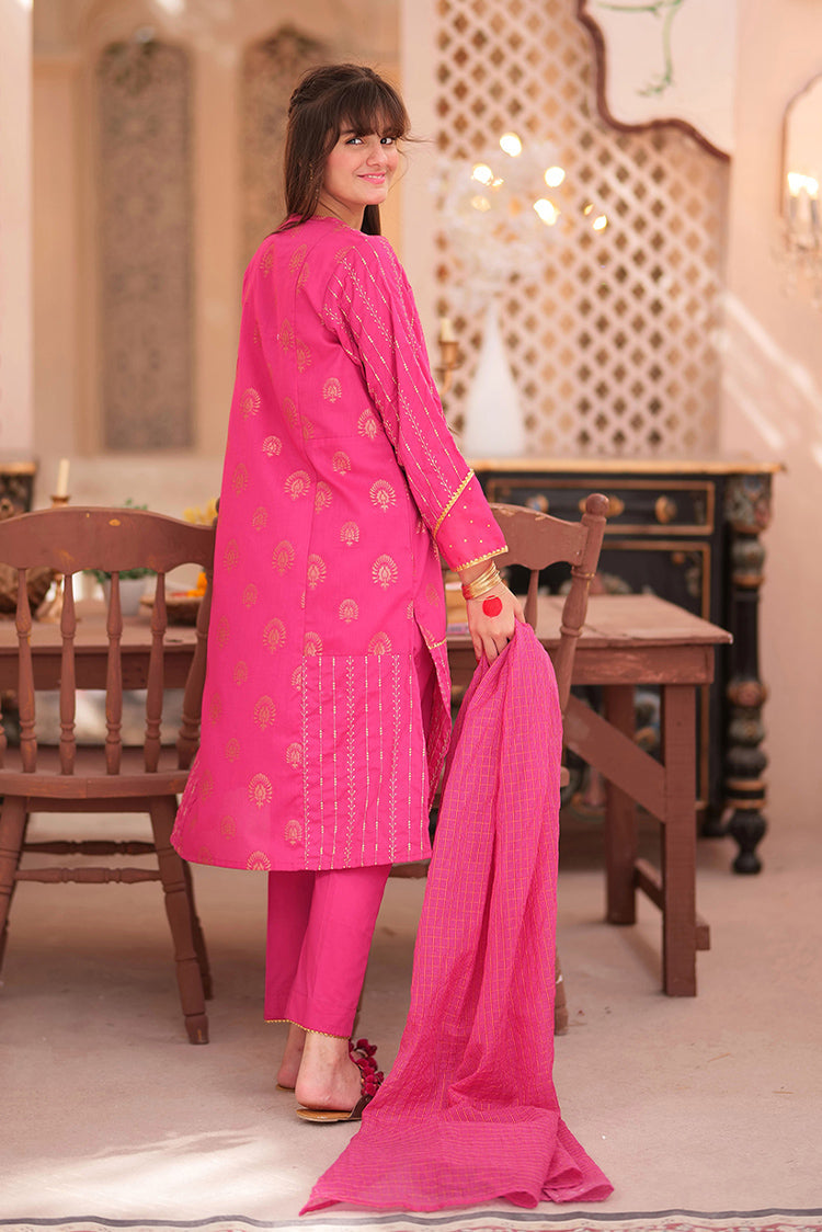 Picture of Senorita - GBD-02339 | Shocking Pink & Golden | Casual 3 Piece Suit | Cotton Jacquard - Available at Raja Sahib