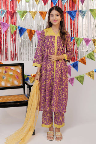 GBC-02527 | Purple & Gold | Casual Plus 3 Piece Suit  | Cotton Gold Print Lawn