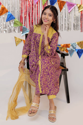 GBC-02527 | Purple & Gold | Casual Plus 3 Piece Suit  | Cotton Gold Print Lawn