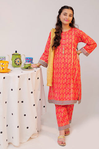 GBC-02528 | Red & Gold | Casual Plus 3 Piece Suit  | Cotton Gold Print Lawn