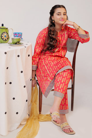 Senorita - GBC-02528 | Red & Gold | Casual Plus 3 Piece Suit  | Cotton Gold Print Lawn