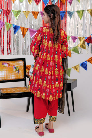 GBD-02530 | Red & Gold | Casual Plus 3 Piece Suit  | Cotton Gold Print Lawn