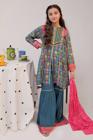 GBD-02558 | Turquoise blue & Multicolor | Casual Plus 3 Piece Suit  | Cotton Gold Print Lawn