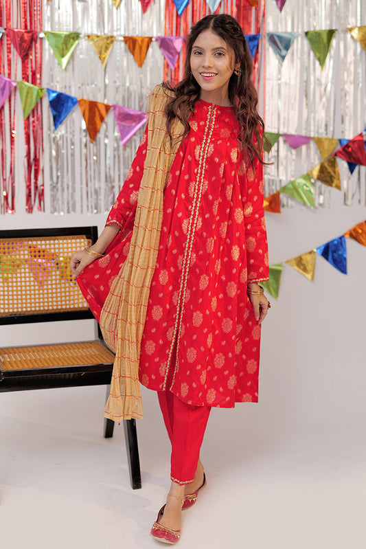 Picture of Senorita - GBD-02604 | Red & Gold | Casual Plus 3 Piece Suit  | Viscose Cotton Dobby Jacquard - Available at Raja Sahib