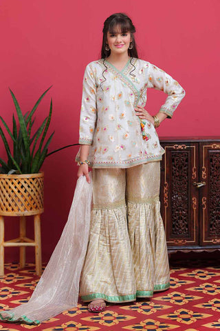 GDD-02101 | White & Multicolor | Formal 3 Piece Suit | Banarsi Organza jacquard