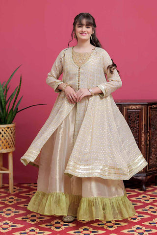 GDD-02102 | Fawn & Golden Silver | Formal 3 Piece Suit | Banarsi Masuri Jacquard