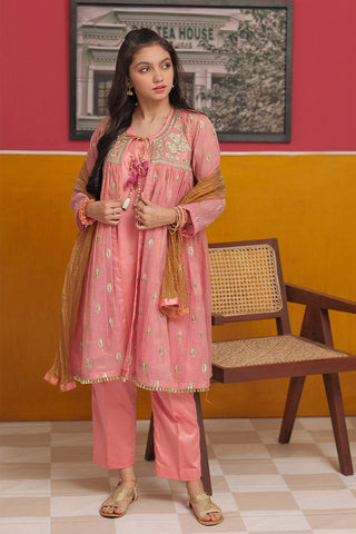 GDD-02302 | T.Pink & Golden | Casual 3 Piece Suit  | Banarsi Masuri Fabric