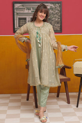 GDD-02313 | Green & Golden | Casual 3 Piece Suit  | Banarsi Masuri Fabric