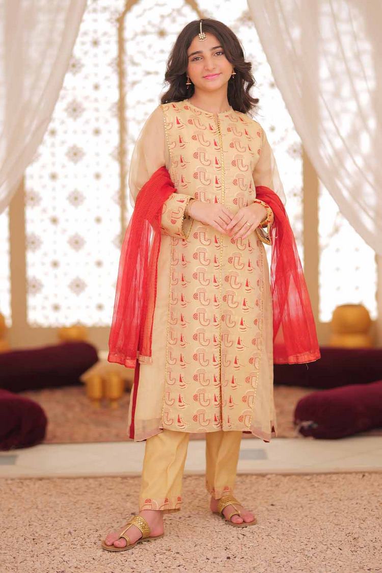 Picture of Senorita - GDD-02460 | Yellow & Red | Formal 3 Piece Suit  | Marsuri Plain Jacquard - Available at Raja Sahib