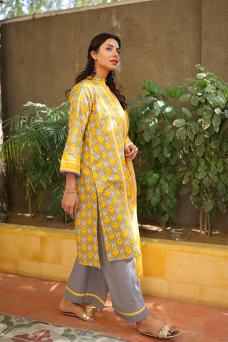 Senorita - LAD-02216 | Grey & yellow | Casual 3 Piece Suit  | Cotton Lawn Print