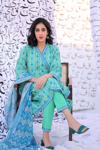 LAD-02277 | Sea Green & Multicolor | Casual 3 Piece Suit  | Cotton Lawn Print