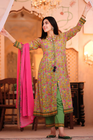 LAD-02336 | Green & Multicolor | Casual 3 Piece Suit  | Cotton Lawn Printed