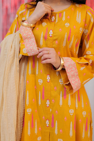 Picture of Senorita - LAD-02588 | Yellow & Multicolor | Casual Plus 3 Piece Suit  | Cotton Emboss Print - Available at Raja Sahib