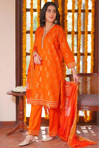 LBD-02260 | Orange & Golden | Casual 3 Piece Suit  | Cotton Jacquard