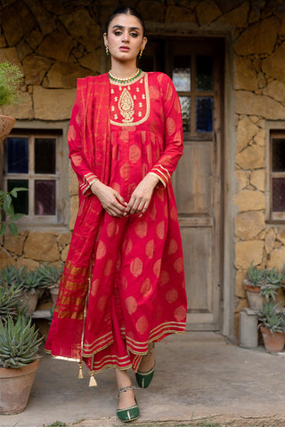 LBD-02333 | Red & Gold | Casual 3 Piece Suit | Cotton Gold Jacquard