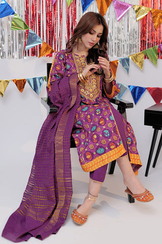 LBD-02533 | Purple & Gold | Casual Plus 3 Piece Suit  | Cotton Gold Print Lawn