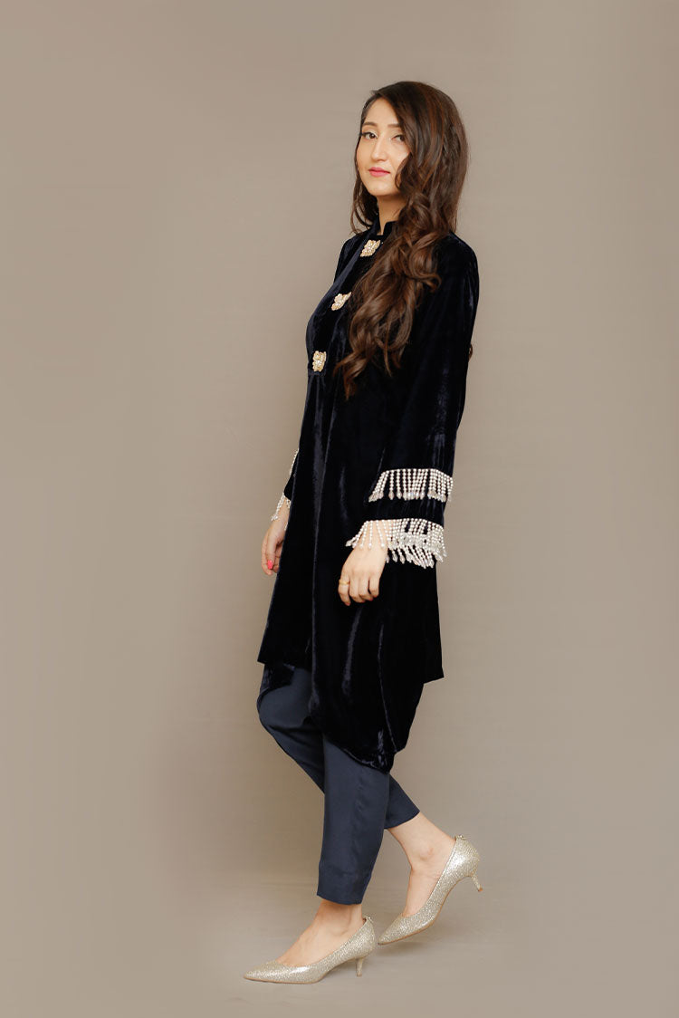 Picture of RJS Pret - Winternalia RTW Collection - Butterfly Velvet Navy Blue - Available at Raja Sahib