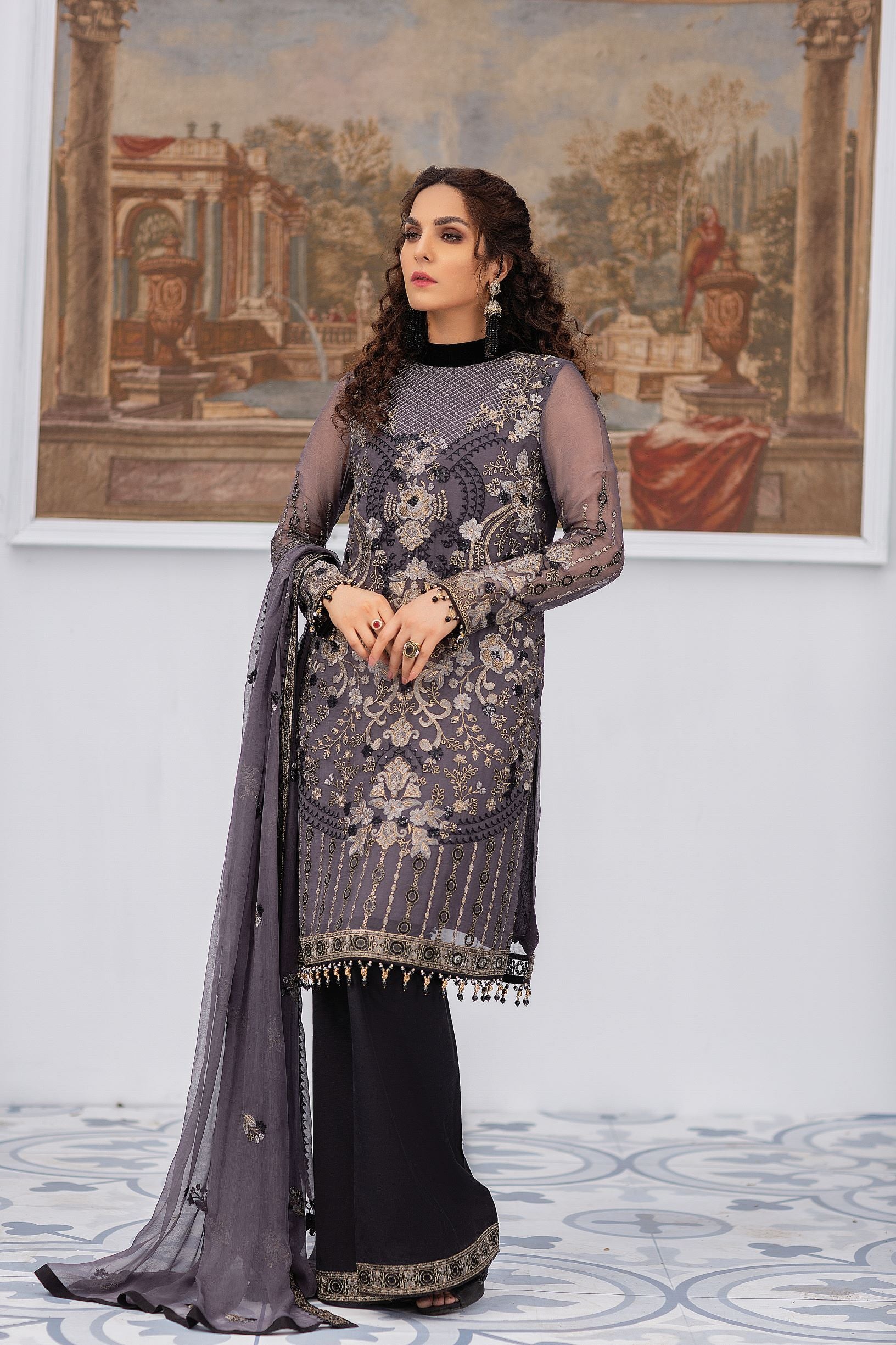 Picture of Flossie - 3 PC Gray Quill 8 Kuch Khas Exclusive Chiffon Collection - Available at Raja Sahib