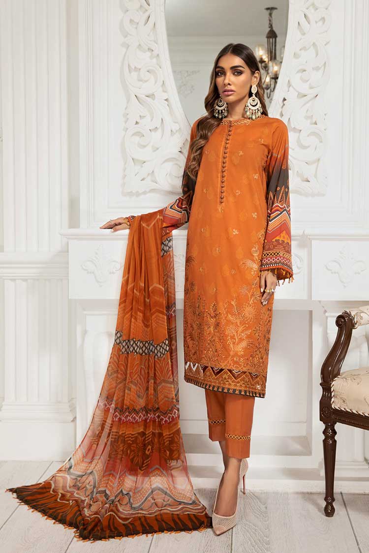 Picture of Farasha -01 Rust Fire Festive Embroidered Lawn Edition Vol 3 - Available at Raja Sahib